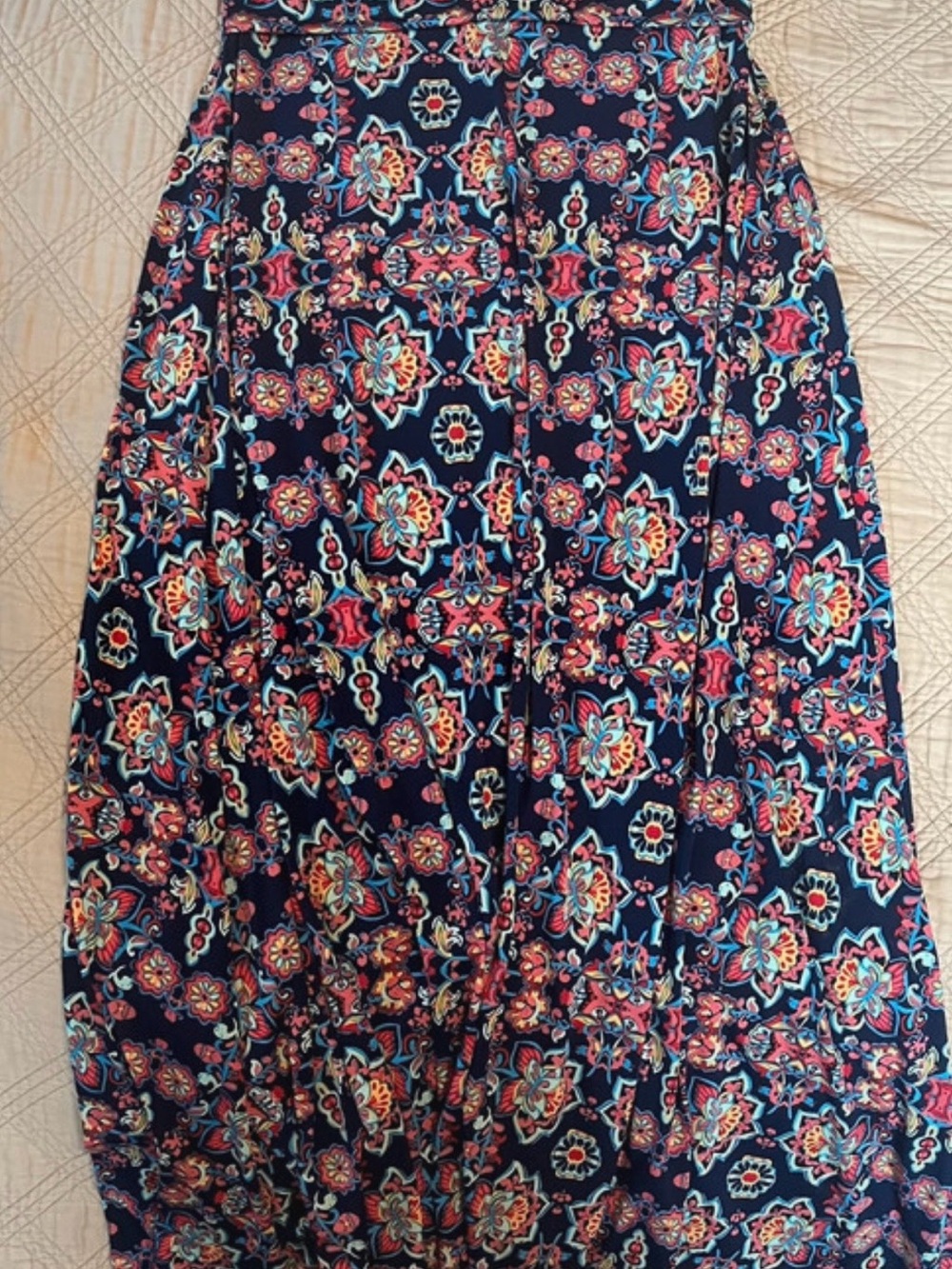 LuLaRoe Navy Maxi Skirt with Pink, Turquoise and Coral Floral Medallions